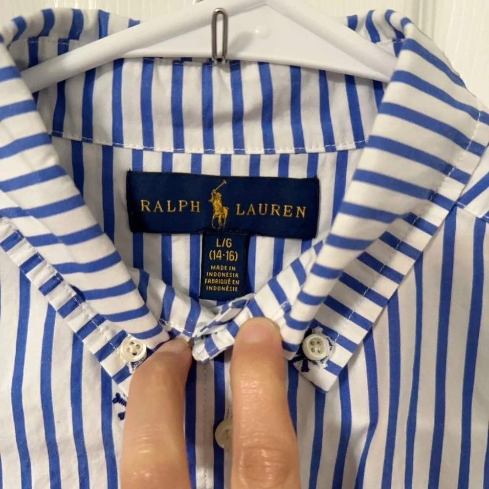 Ralph Lauren Kids White and Blue Striped Button Down Shirt